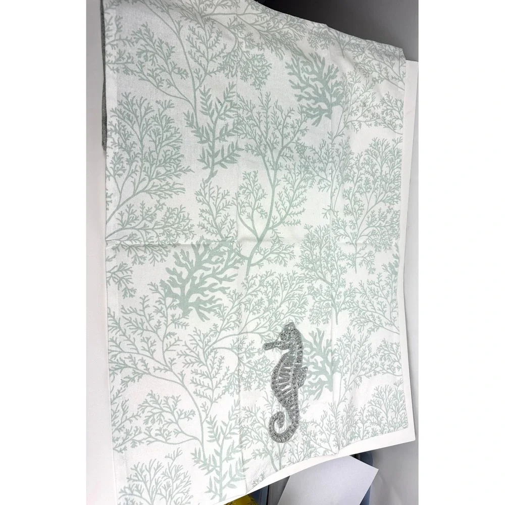 Coastal Seahorse Beaded Sage Green Coral Cotton Tea Towel Set 2pc 28x24.5